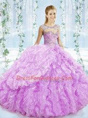 Elegant Lilac Lace Up Sweetheart Beading and Ruffles Sweet 16 Dresses Organza Sleeveless Brush Train