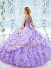 Elegant Lilac Lace Up Sweetheart Beading and Ruffles Sweet 16 Dresses Organza Sleeveless Brush Train