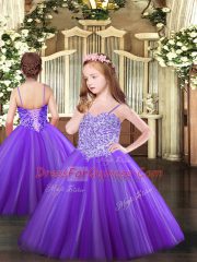 Lavender Spaghetti Straps Lace Up Appliques Little Girls Pageant Gowns Sleeveless