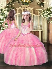 Rose Pink Sleeveless Beading and Ruffles Floor Length Kids Formal Wear