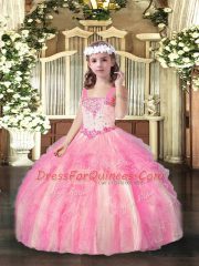 Rose Pink Sleeveless Beading and Ruffles Floor Length Kids Formal Wear
