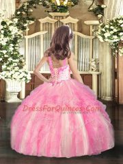 Rose Pink Sleeveless Beading and Ruffles Floor Length Kids Formal Wear