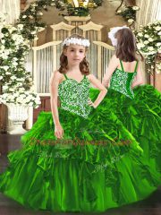 Sleeveless Organza Floor Length Lace Up Little Girls Pageant Gowns in Green with Beading and Ruffles