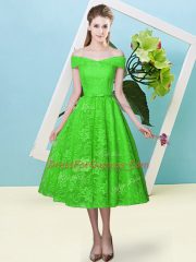 Comfortable Empire Off The Shoulder Cap Sleeves Lace Tea Length Lace Up Bowknot Dama Dress for Quinceanera