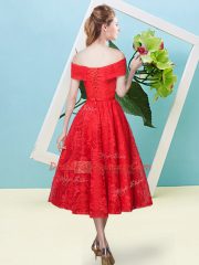 Comfortable Empire Off The Shoulder Cap Sleeves Lace Tea Length Lace Up Bowknot Dama Dress for Quinceanera