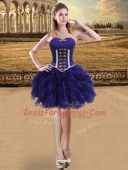 Mini Length Purple Prom Dresses Organza Sleeveless Ruffles