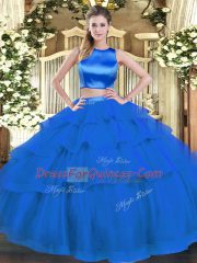 High-neck Sleeveless Tulle 15 Quinceanera Dress Ruffled Layers Criss Cross