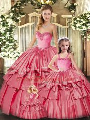 Classical Watermelon Red Ball Gowns Organza Sweetheart Sleeveless Ruffled Layers Floor Length Lace Up 15 Quinceanera Dress