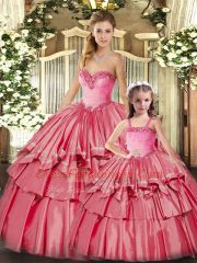 Classical Watermelon Red Ball Gowns Organza Sweetheart Sleeveless Ruffled Layers Floor Length Lace Up 15 Quinceanera Dress