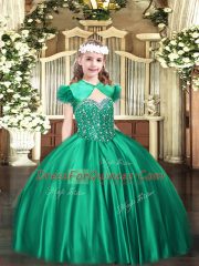 Exquisite Turquoise Ball Gowns Satin Straps Sleeveless Beading Floor Length Lace Up Little Girl Pageant Dress
