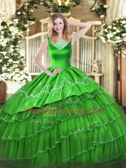 Enchanting Green Ball Gowns Organza Scoop Sleeveless Beading and Embroidery Floor Length Side Zipper Vestidos de Quinceanera