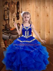 Simple Sleeveless Floor Length Embroidery and Ruffles Lace Up Pageant Gowns For Girls with Royal Blue