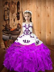 Floor Length Lace Up Kids Pageant Dress Eggplant Purple for Sweet 16 and Quinceanera with Embroidery and Ruffles