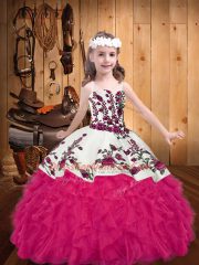 Hot Pink Ball Gowns Organza Straps Sleeveless Embroidery and Ruffles Floor Length Lace Up Kids Formal Wear