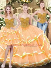 Enchanting Sweetheart Sleeveless Tulle Ball Gown Prom Dress Beading and Ruffled Layers Lace Up