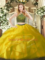 High Quality Yellow Sleeveless Organza Zipper Ball Gown Prom Dress for Military Ball and Sweet 16 and Quinceanera