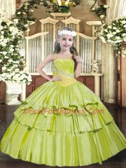 Best Yellow Green Sleeveless Beading and Ruffled Layers Floor Length Child Pageant Dress