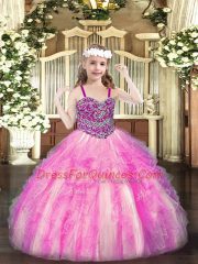 Hot Selling Straps Sleeveless Kids Formal Wear Floor Length Beading and Ruffles Rose Pink Organza