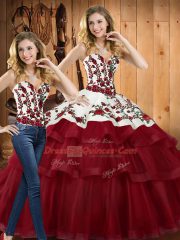Wine Red Ball Gowns Embroidery Quinceanera Gown Lace Up Organza Sleeveless