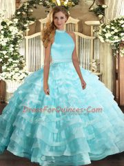Aqua Blue Halter Top Backless Beading and Ruffled Layers Sweet 16 Dress Sleeveless