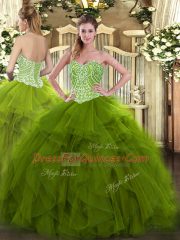 Custom Design Sweetheart Sleeveless Lace Up Sweet 16 Dresses Olive Green Organza