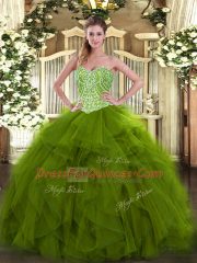 Custom Design Sweetheart Sleeveless Lace Up Sweet 16 Dresses Olive Green Organza