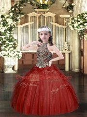 Sleeveless Tulle Floor Length Lace Up Child Pageant Dress in Wine Red with Beading and Ruffles