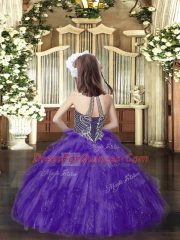 Sleeveless Tulle Floor Length Lace Up Child Pageant Dress in Wine Red with Beading and Ruffles