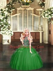 Great Halter Top Sleeveless Vestidos de Quinceanera Floor Length Beading and Ruffles Green Tulle