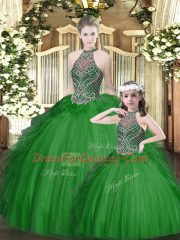 Great Halter Top Sleeveless Vestidos de Quinceanera Floor Length Beading and Ruffles Green Tulle