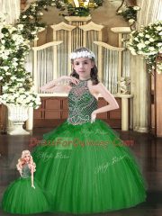 Great Halter Top Sleeveless Vestidos de Quinceanera Floor Length Beading and Ruffles Green Tulle