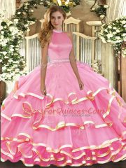 Low Price Pink Sleeveless Floor Length Beading and Ruffled Layers Backless 15 Quinceanera Dress