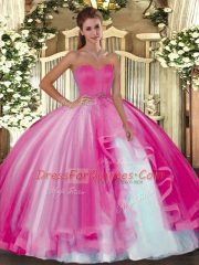 Hot Pink Tulle Lace Up Sweetheart Sleeveless Floor Length Quinceanera Gowns Beading