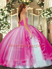 Hot Pink Tulle Lace Up Sweetheart Sleeveless Floor Length Quinceanera Gowns Beading