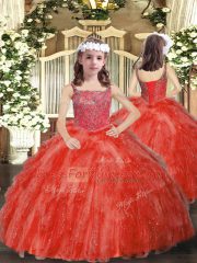 Red Ball Gowns Organza Straps Sleeveless Beading and Ruffles Floor Length Lace Up Sweet 16 Dress