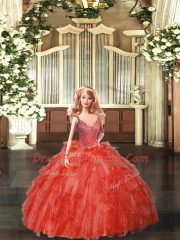 Red Ball Gowns Organza Straps Sleeveless Beading and Ruffles Floor Length Lace Up Sweet 16 Dress
