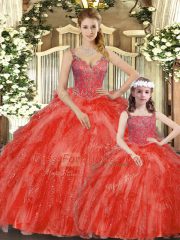 Red Ball Gowns Organza Straps Sleeveless Beading and Ruffles Floor Length Lace Up Sweet 16 Dress