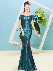 Short Sleeves Sequined Floor Length Zipper Dress for Prom in Teal with Sequins
