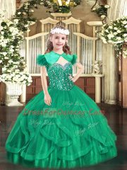 Beading and Ruffles Little Girls Pageant Dress Turquoise Lace Up Sleeveless Floor Length