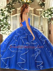 Sexy Blue Sleeveless Organza Lace Up Quinceanera Gown for Military Ball and Sweet 16 and Quinceanera