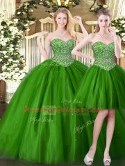 Popular Dark Green Lace Up Sweetheart Beading 15 Quinceanera Dress Tulle Sleeveless