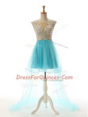 Custom Made Aqua Blue A-line Tulle Scoop Sleeveless Appliques High Low Backless Prom Gown