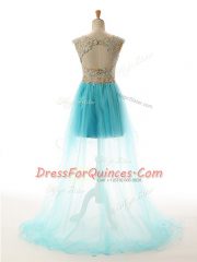 Custom Made Aqua Blue A-line Tulle Scoop Sleeveless Appliques High Low Backless Prom Gown