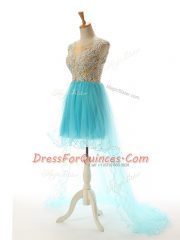 Custom Made Aqua Blue A-line Tulle Scoop Sleeveless Appliques High Low Backless Prom Gown