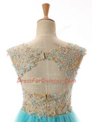 Custom Made Aqua Blue A-line Tulle Scoop Sleeveless Appliques High Low Backless Prom Gown