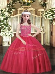 Customized Floor Length Coral Red Pageant Dress for Teens Straps Sleeveless Lace Up