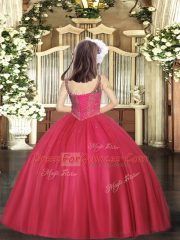 Customized Floor Length Coral Red Pageant Dress for Teens Straps Sleeveless Lace Up