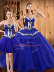 Blue Sweetheart Neckline Embroidery Quince Ball Gowns Sleeveless Lace Up