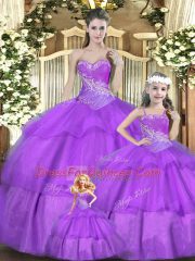 Stylish Floor Length Lace Up Quinceanera Dresses Lilac for Military Ball and Sweet 16 and Quinceanera with Beading and Ruffles and Ruching