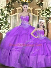 Stylish Floor Length Lace Up Quinceanera Dresses Lilac for Military Ball and Sweet 16 and Quinceanera with Beading and Ruffles and Ruching